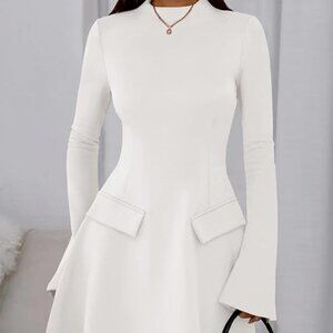 Pretty Garden Women's White Elegant Business Mini Dress Mock Neckline Size-Med